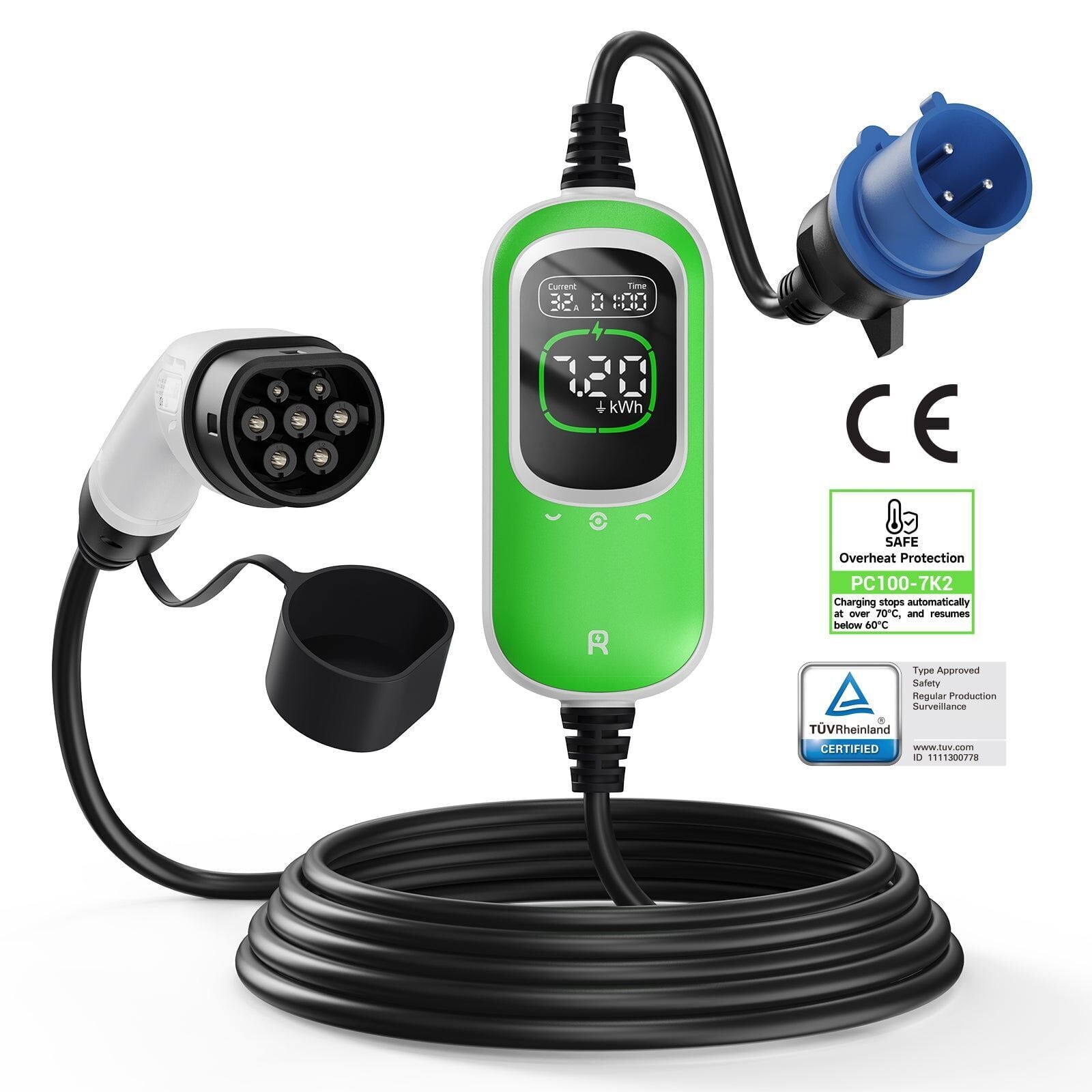 Rheidon 7.2kW Taşınabilir Elektrikli Araç Şarj Cihazı | PC100-7K2 (MONOFAZE)